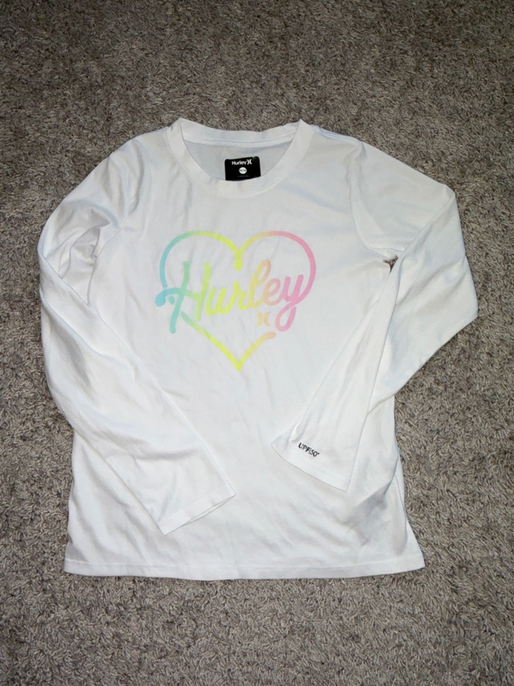 Hurley White Long Sleeve swim shirt with Pastel Heart Script 10/12